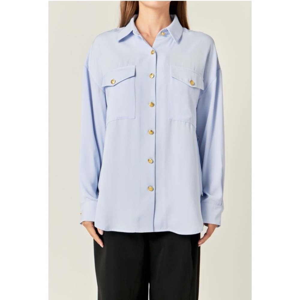 Light Blue Button-Front Utility Blouse - Picture 2 of 6